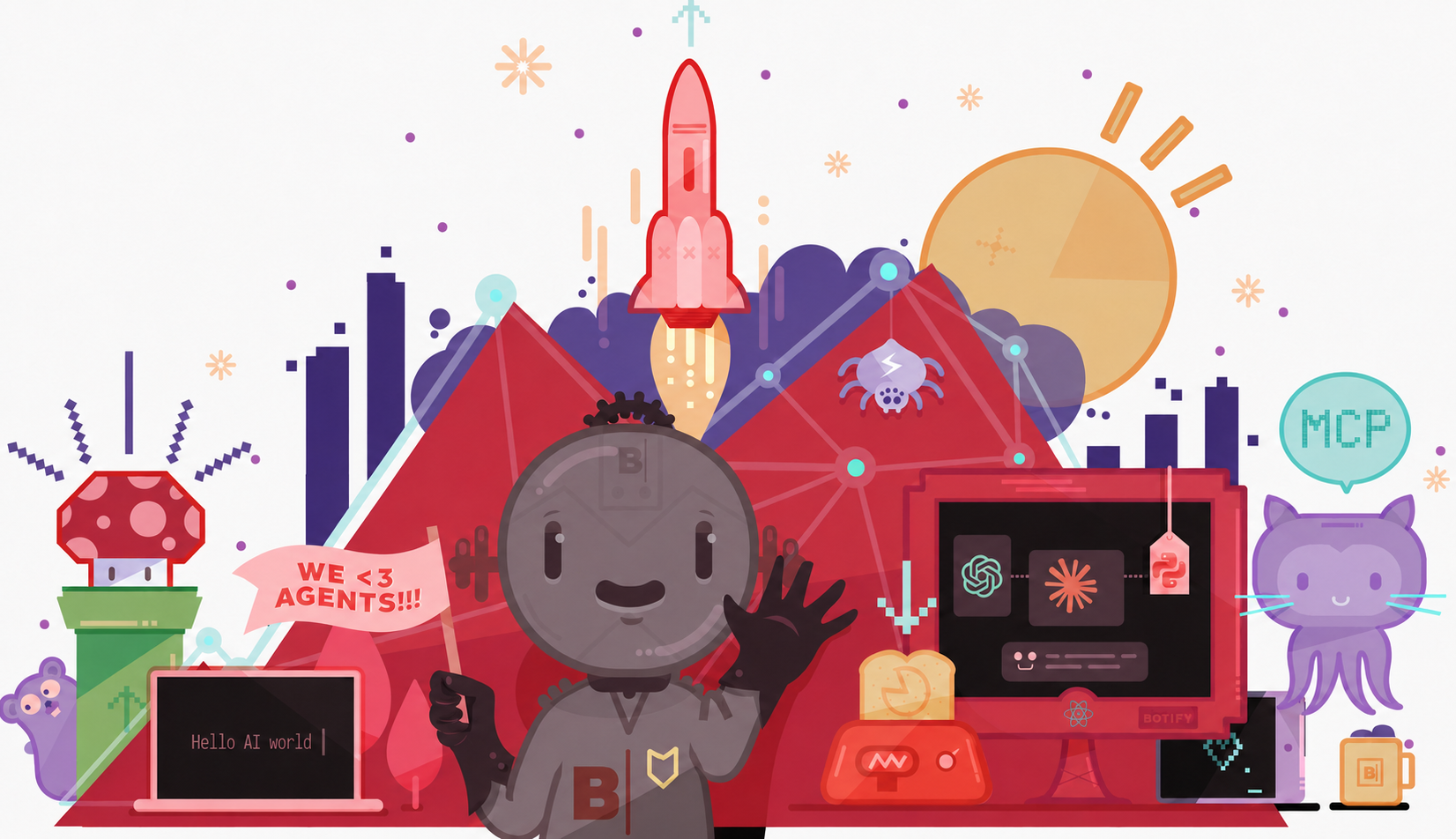 Botify Agents: a dinosaur waving among MCP, APIs, and the tools that power them.